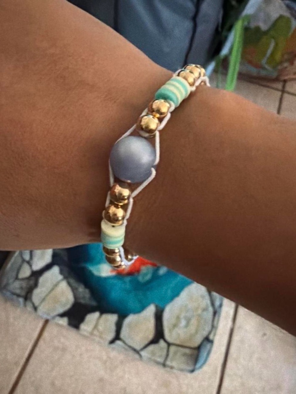 Gold and Teal Beaded Bracelet with Lavender Accent